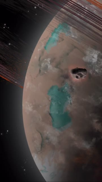 Still from an animation: an asteroid blasting into the ringed planet Serenitas