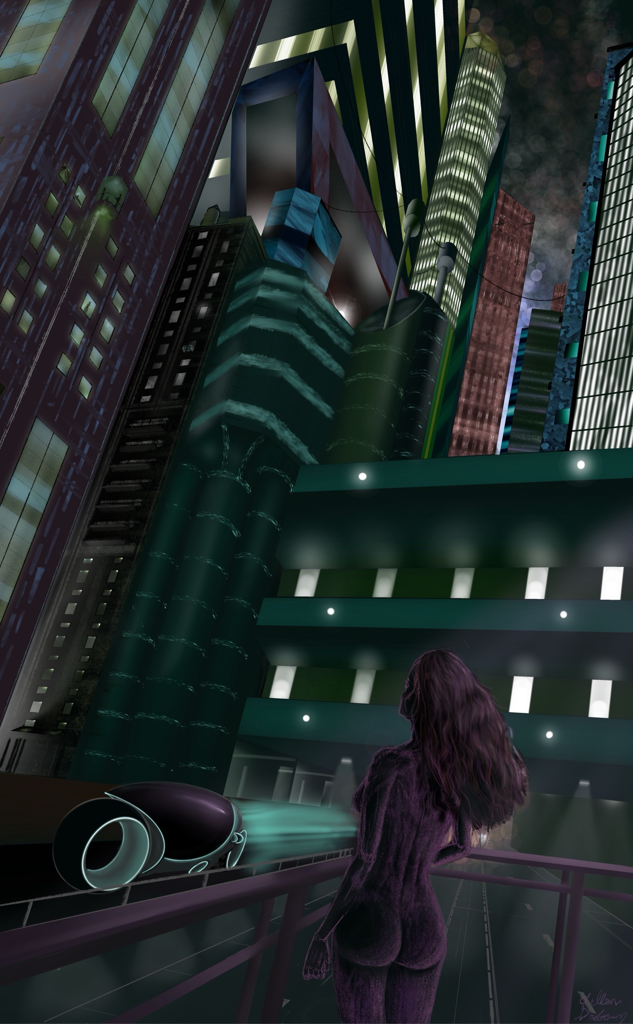 Night Vapor 2026: a woman on a balcony overlooking a towering night city with a hover car passing