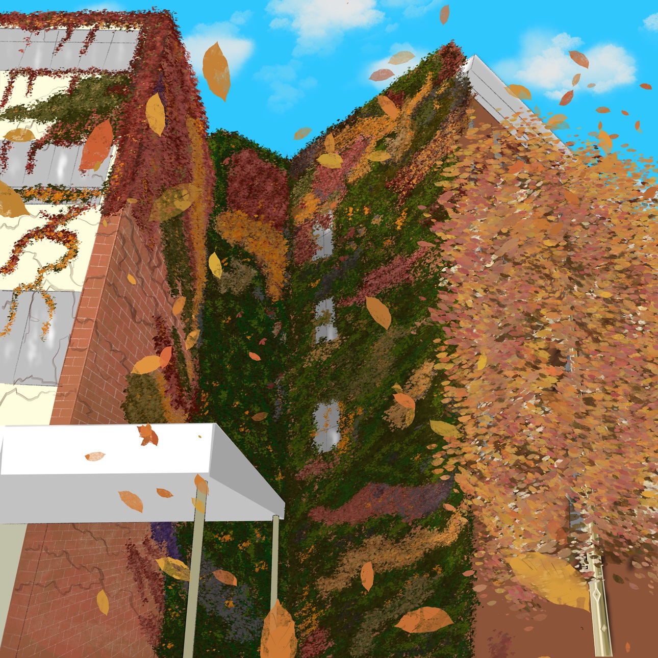 An ivy-covered building with autumn leaves falling