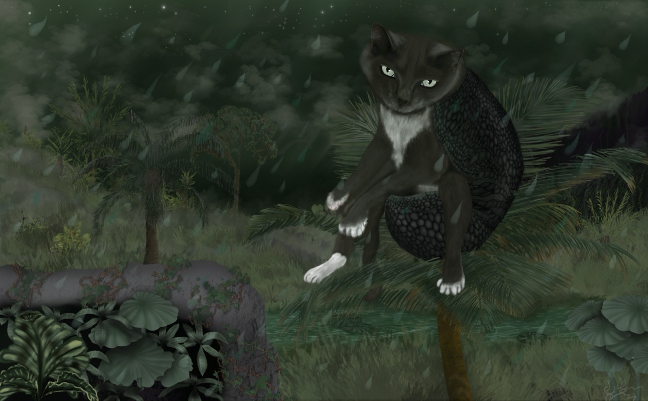 A black cat sitting in a rainy jungle