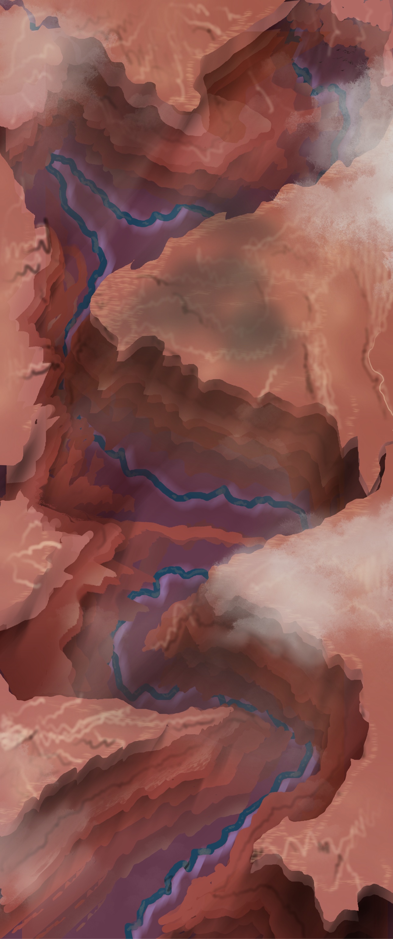 An abstract red canyon painting with a blue river