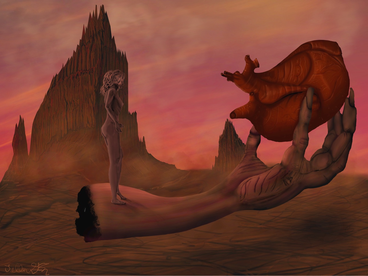A surreal desert scene with a figure on a giant hand