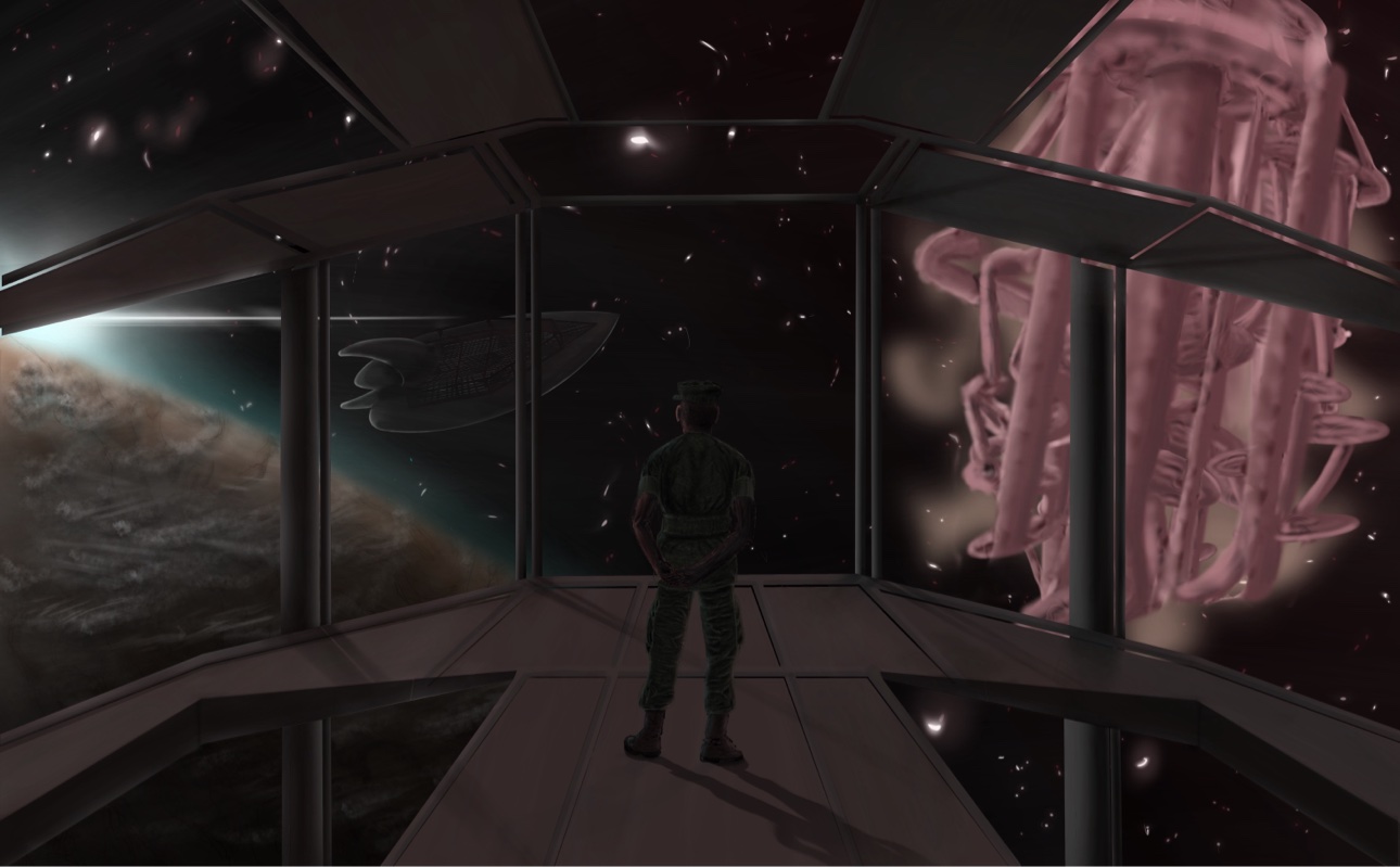 A figure on a space station bridge watching ships