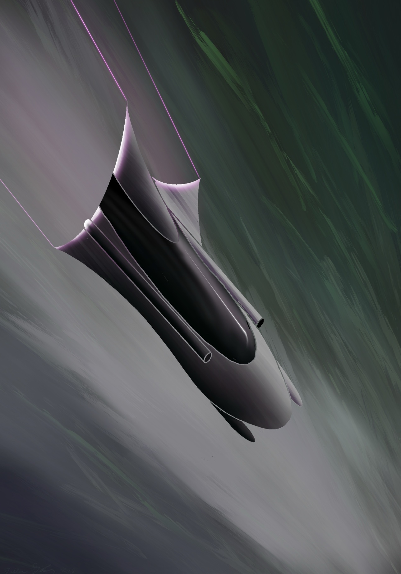 A sleek dark spacecraft with purple engine lines