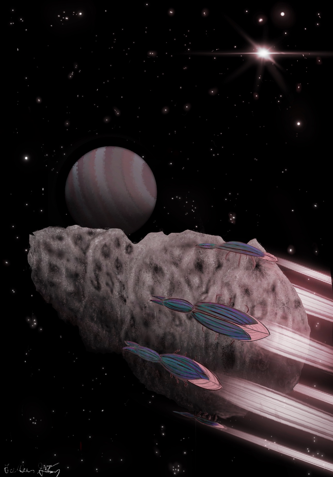 Insect-like alien creatures riding an asteroid