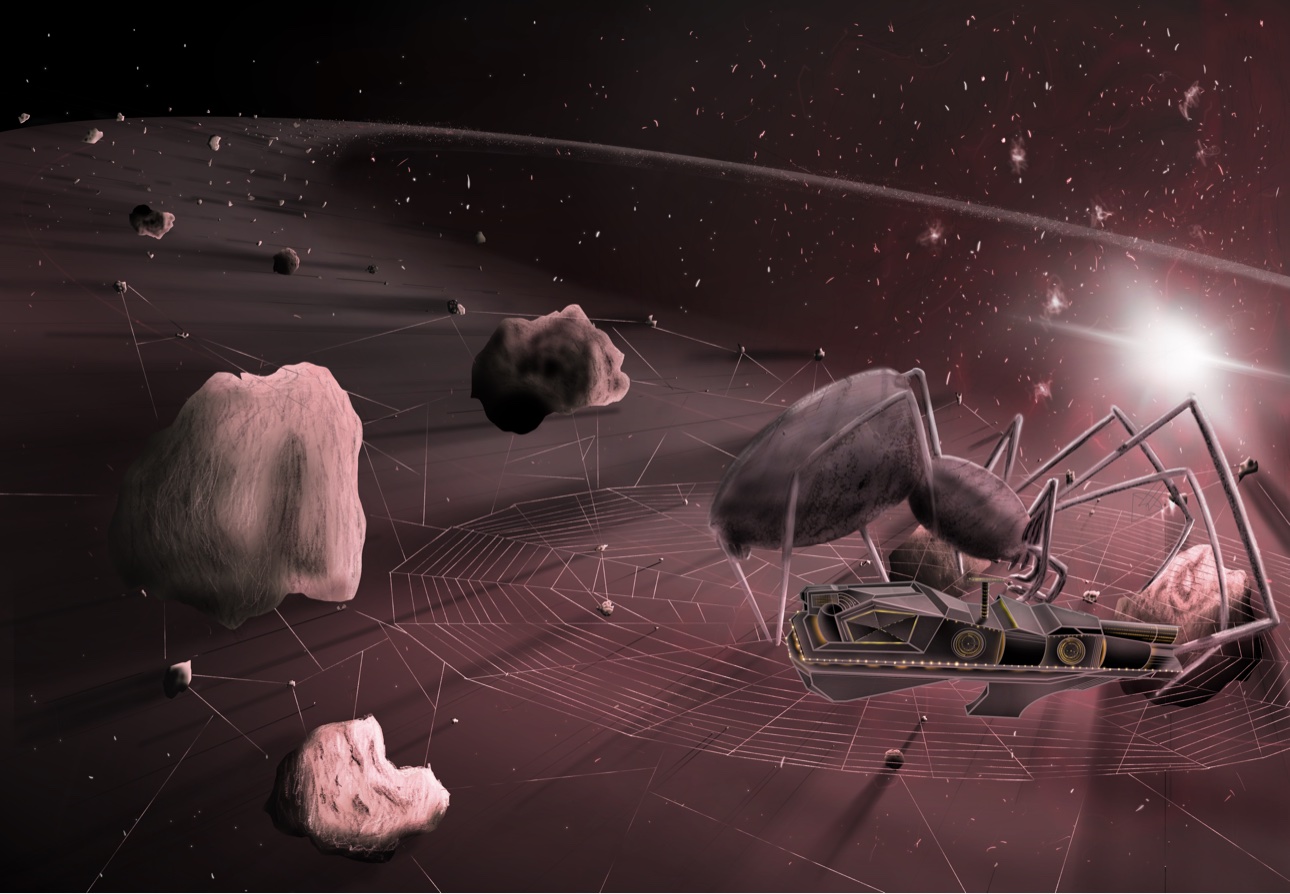 A giant spider-like creature near a ship in an asteroid field